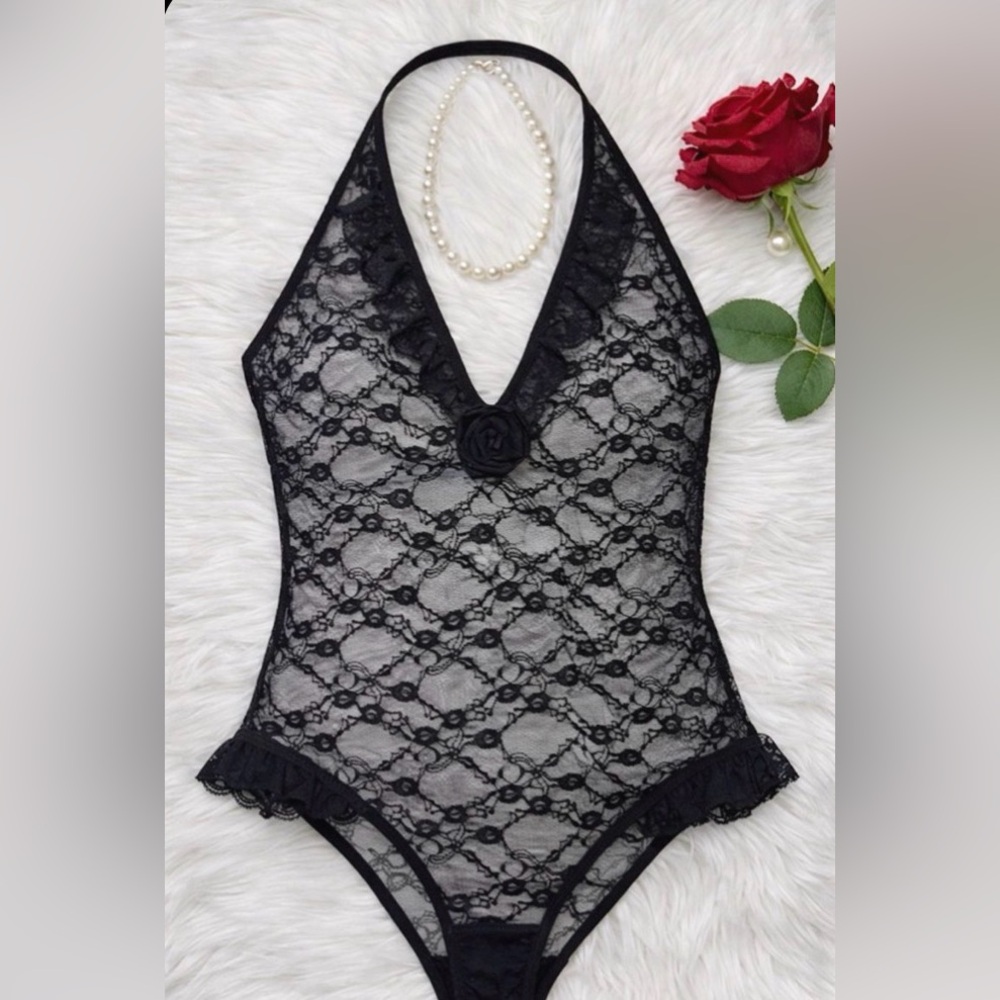 Adore Me - Elegant Black Lace Halter Teddy